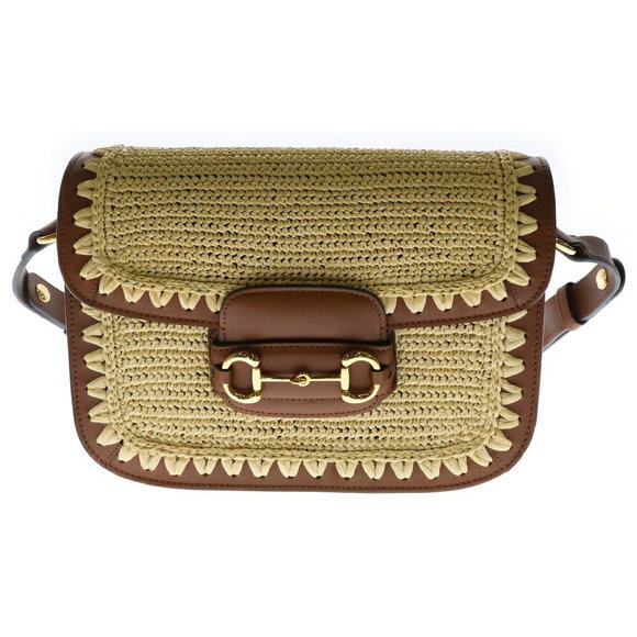 Gucci Horsebit Shoulder Bag Brown Raffia Leather Straw - Picture 1 of 5